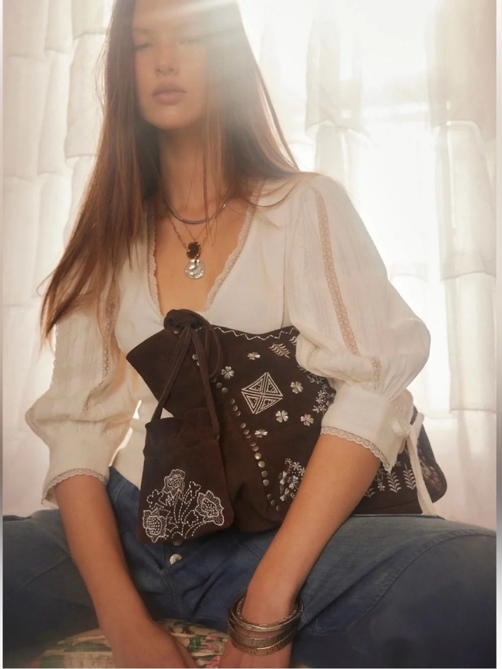 Free People Eden Embroidered Suede Tote + Eden Mini Pouch in Espresso